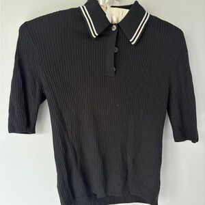 Theory Black Ribbed Polo with Contrast Stripe Collar